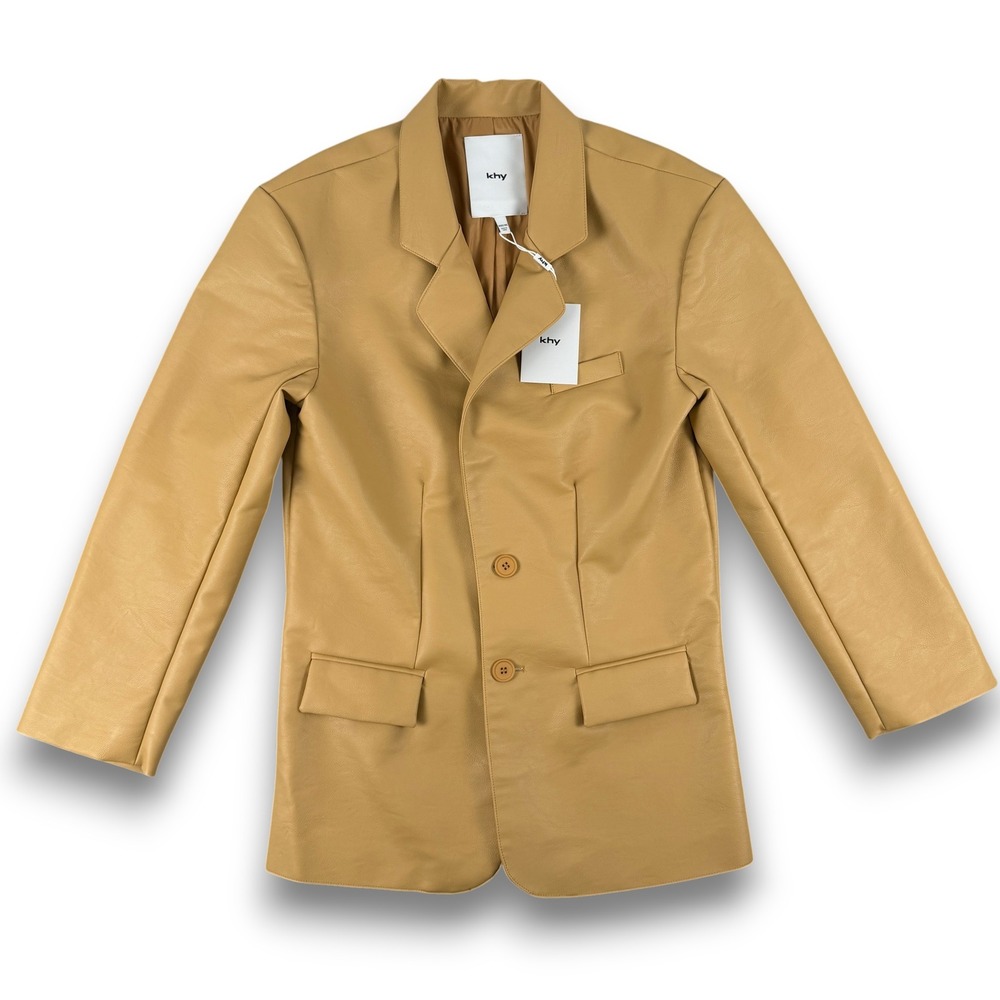 Khy Faux Leather Blazer Women XS Mustard Tan Oversized Button Front Long Sleeve